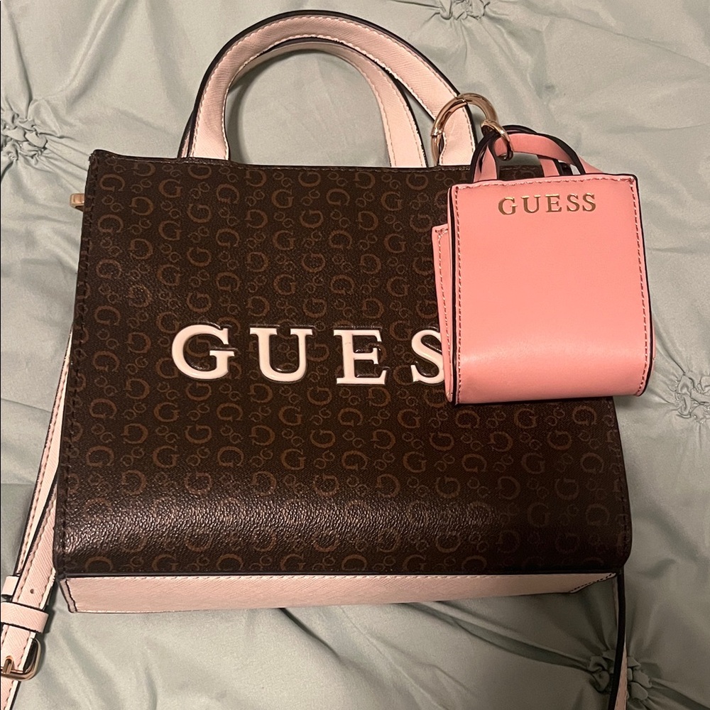 GUESS Brown Logo Satchel with Pink Accent Tag